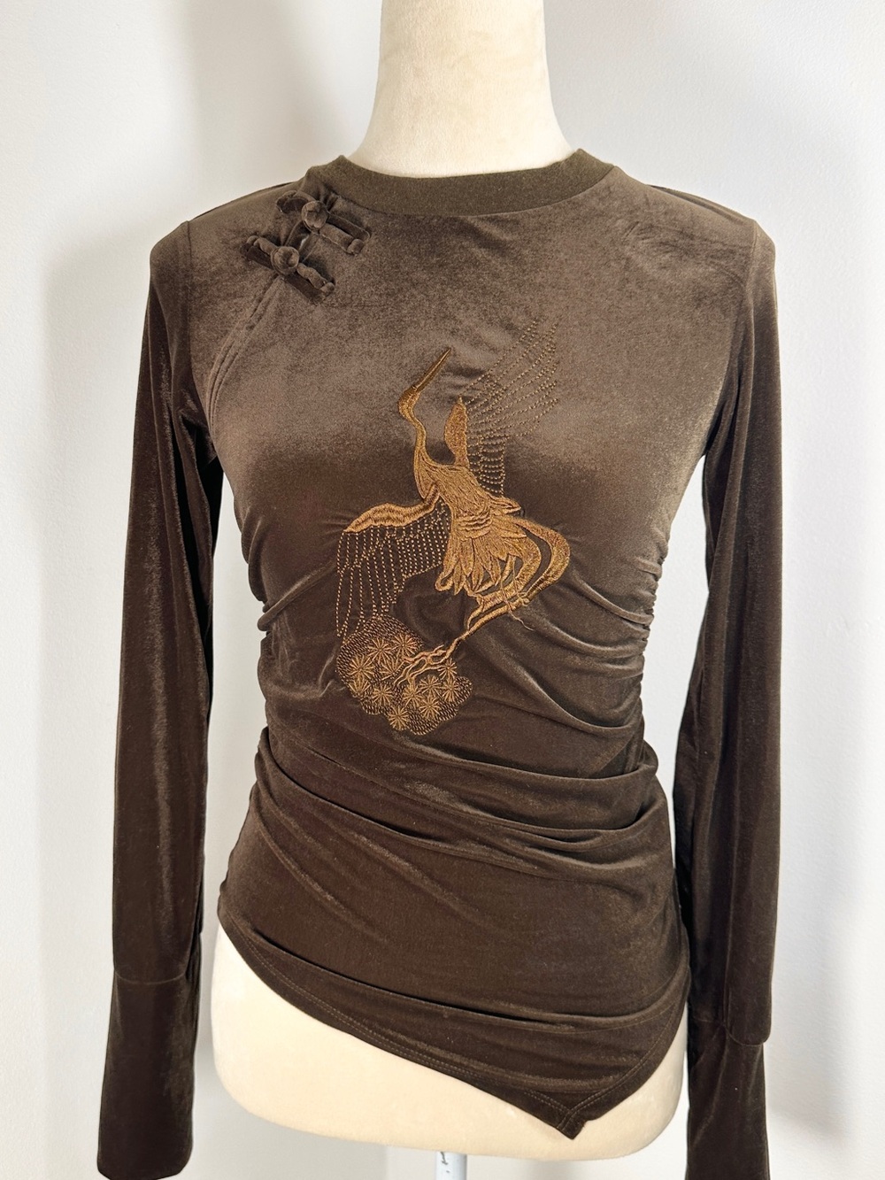 Brown Velvet Ruched Long Sleeve Top with Crane Embroidery